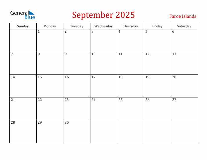 Faroe Islands September 2025 Calendar - Sunday Start