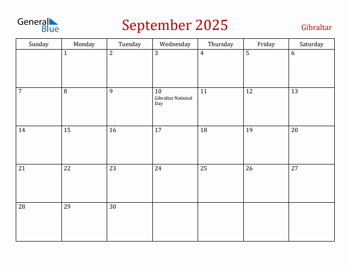 Gibraltar September 2025 Calendar - Sunday Start