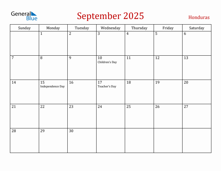 Honduras September 2025 Calendar - Sunday Start