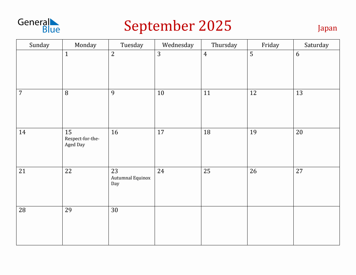 September 2025 Japan Monthly Calendar with Holidays