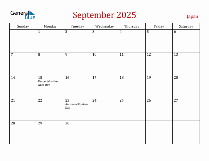 Japan September 2025 Calendar - Sunday Start