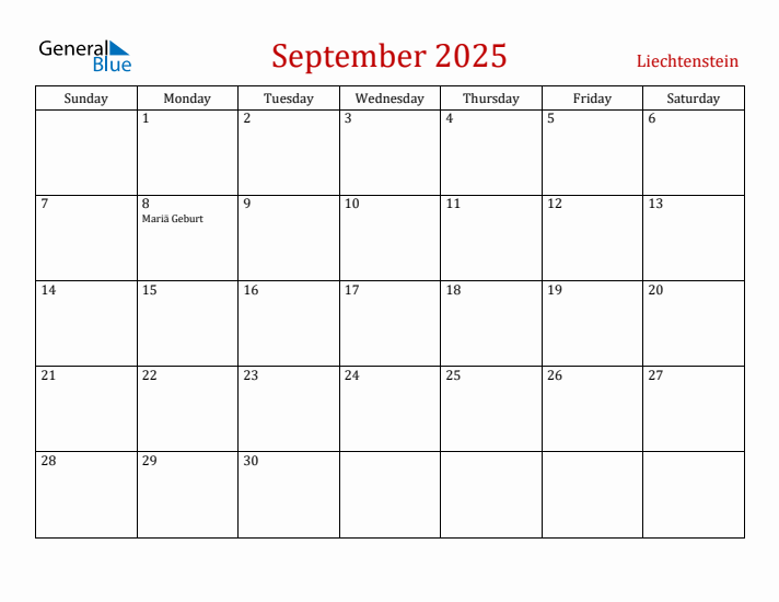 Liechtenstein September 2025 Calendar - Sunday Start