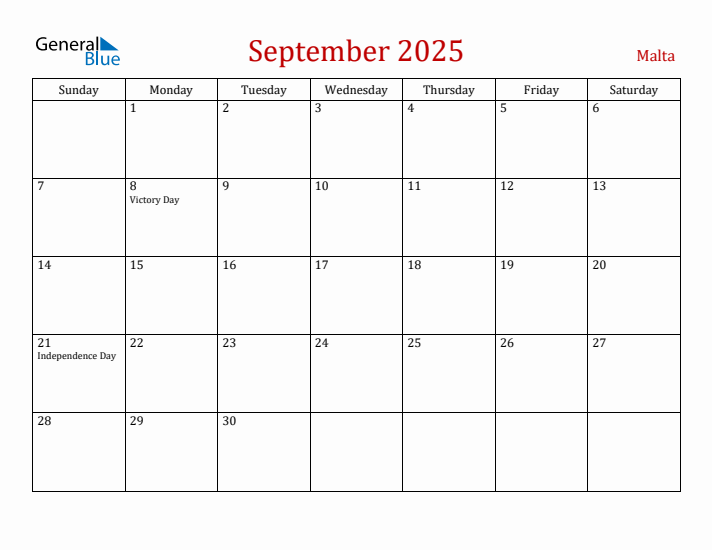 Malta September 2025 Calendar - Sunday Start
