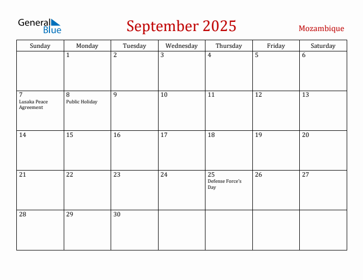Mozambique September 2025 Calendar - Sunday Start