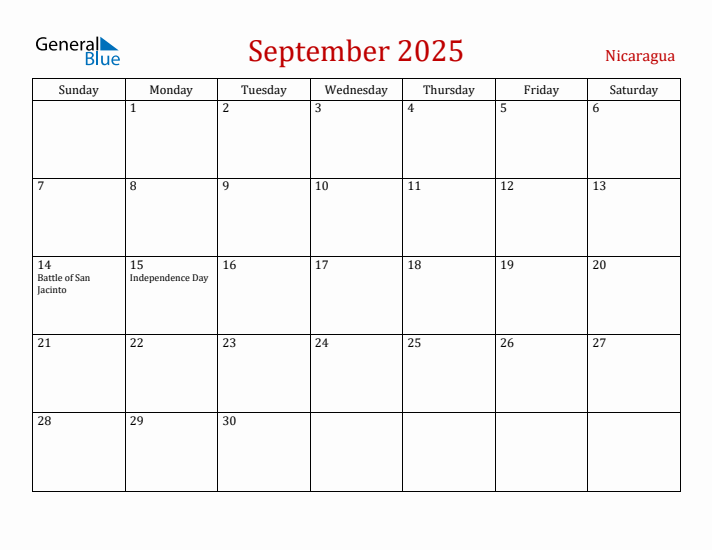 Nicaragua September 2025 Calendar - Sunday Start