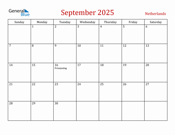 The Netherlands September 2025 Calendar - Sunday Start