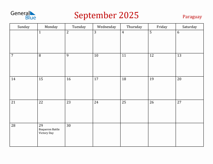 Paraguay September 2025 Calendar - Sunday Start