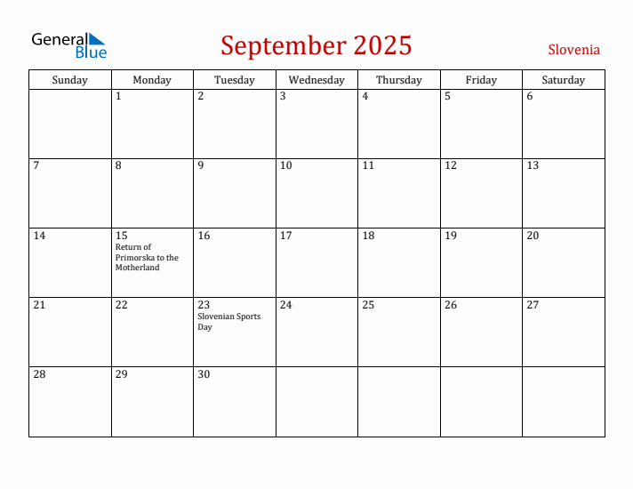 Slovenia September 2025 Calendar - Sunday Start