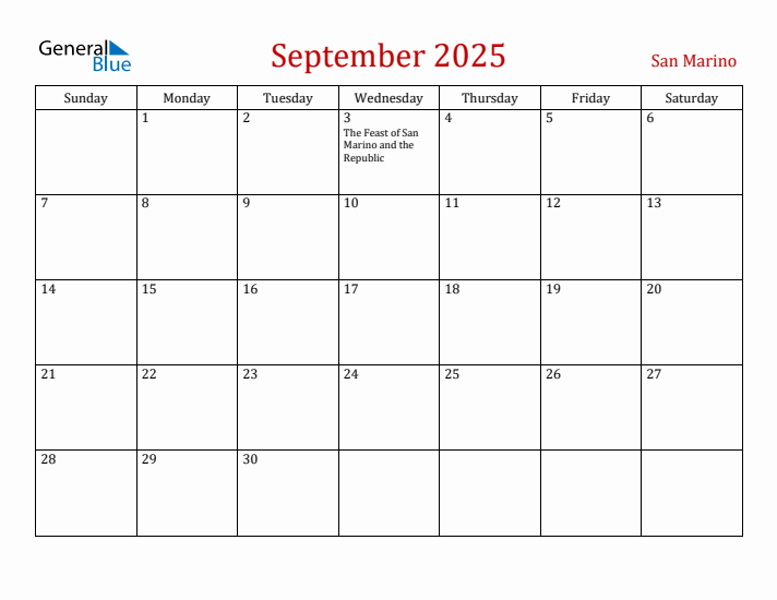 San Marino September 2025 Calendar - Sunday Start