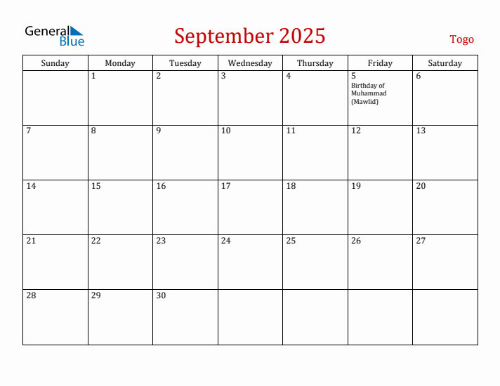 Togo September 2025 Calendar - Sunday Start