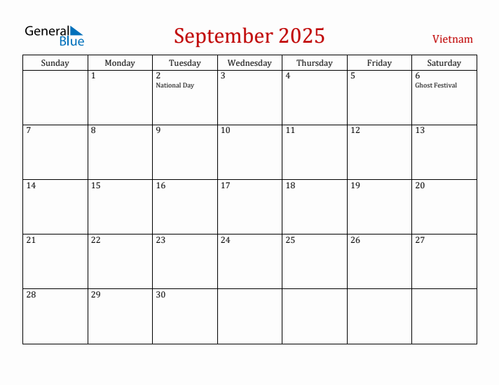 Vietnam September 2025 Calendar - Sunday Start