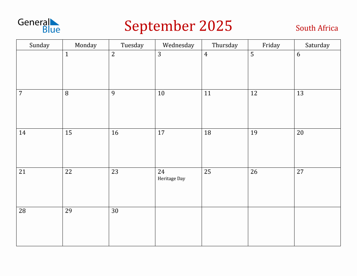 September 2025 South Africa Monthly Calendar with Holidays