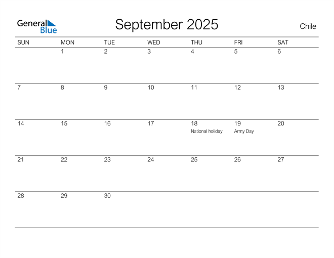 Printable September 2025 Calendar for Chile
