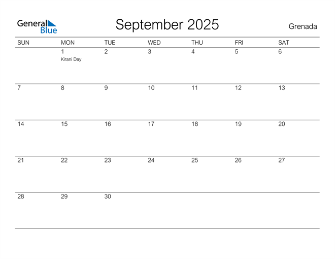 Printable September 2025 Calendar for Grenada