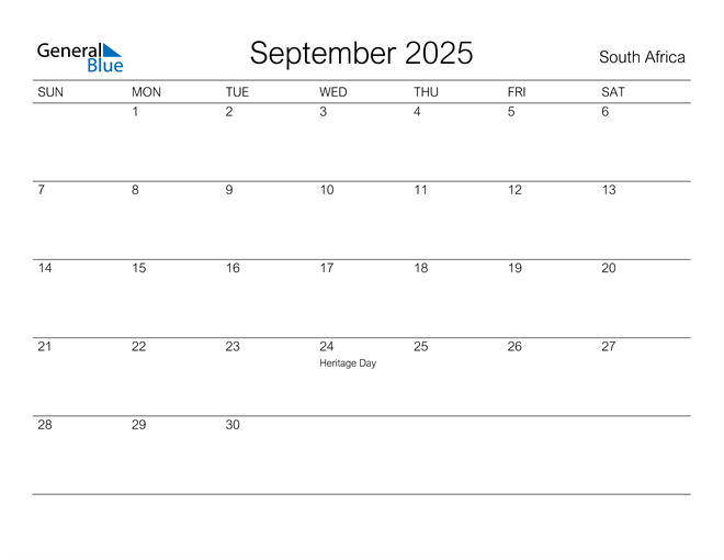 South Africa September 2025 Calendar with Holidays