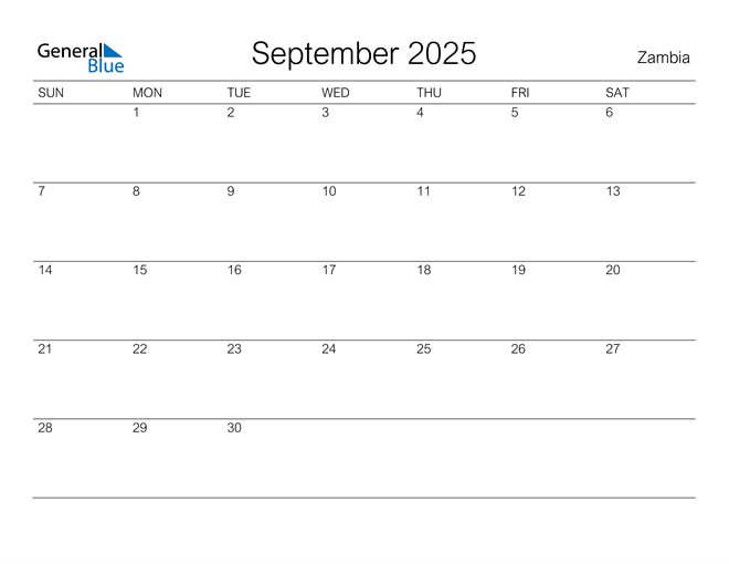 September 2025 Calendar with Zambia Holidays