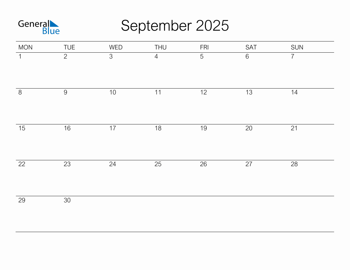 Printable September 2025 Monthly Calendar Monday Start