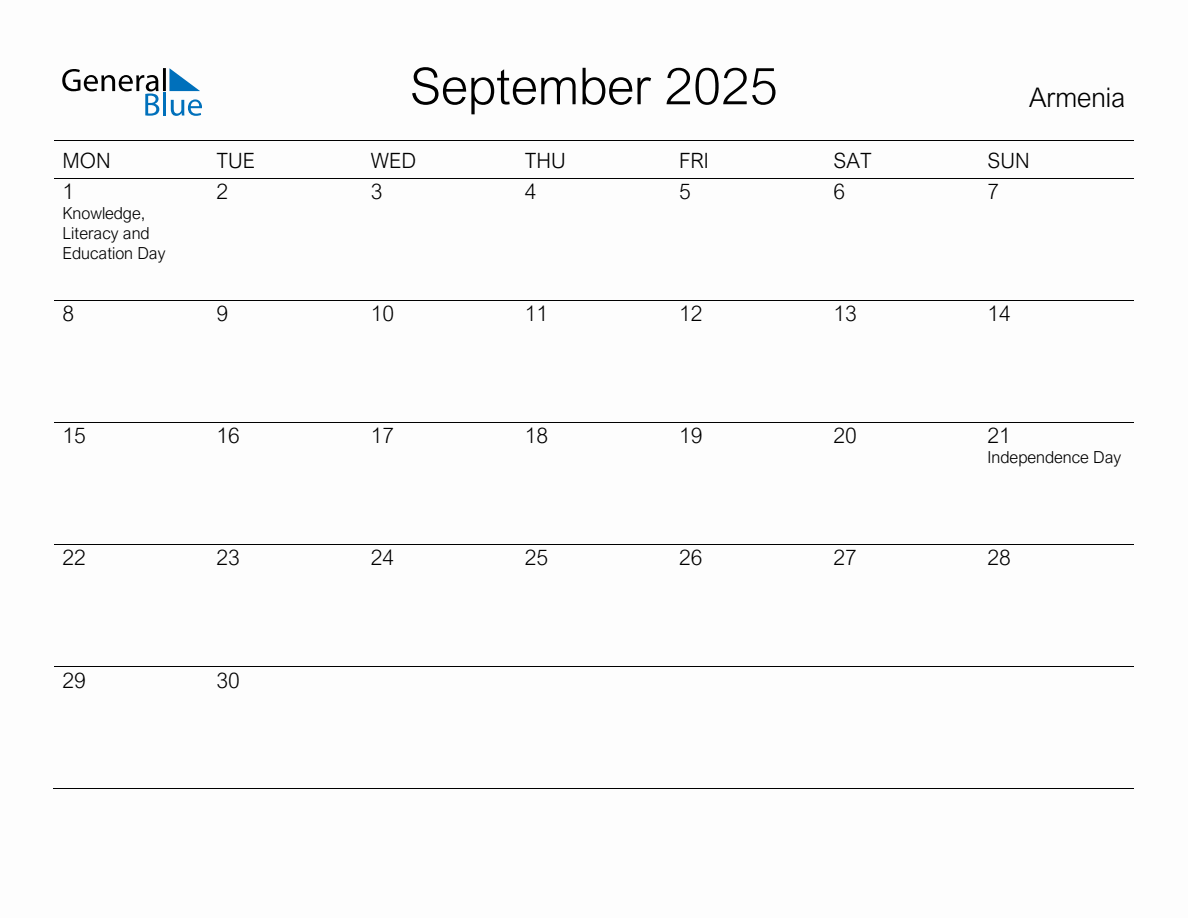 Printable September 2025 Monthly Calendar with Holidays for Armenia