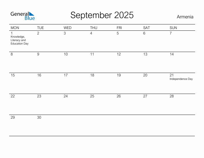 Printable September 2025 Calendar for Armenia