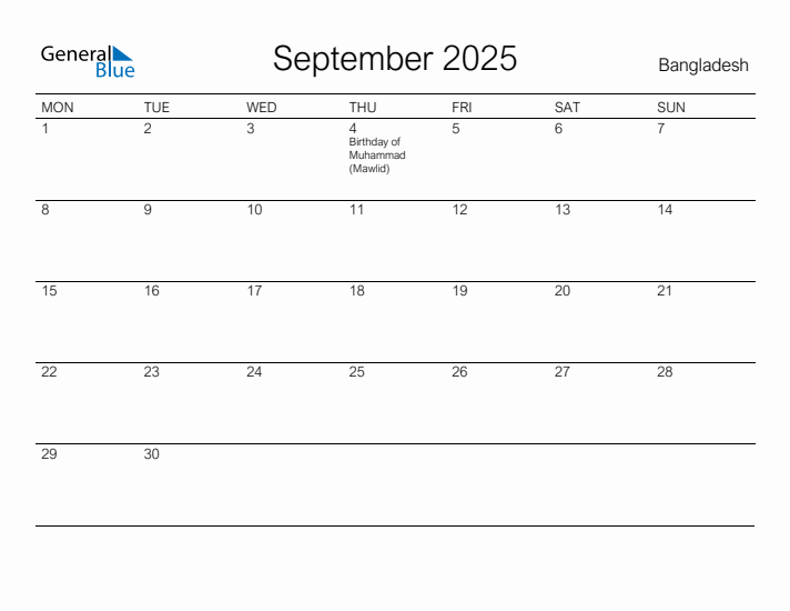Printable September 2025 Calendar for Bangladesh