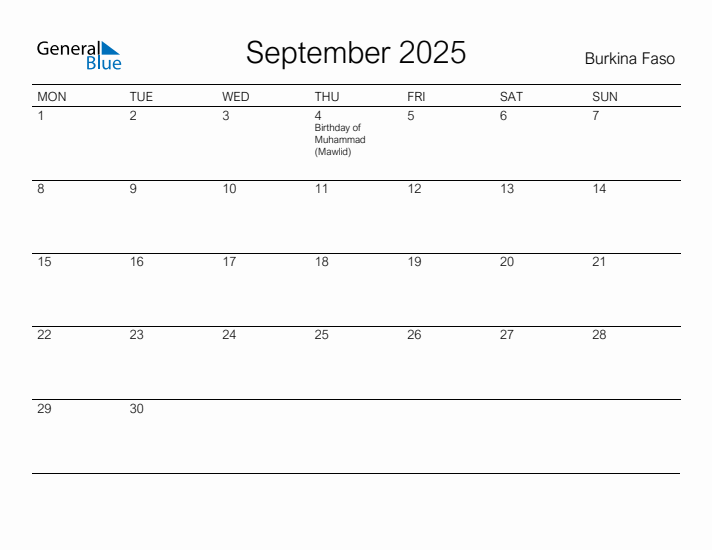 Printable September 2025 Calendar for Burkina Faso