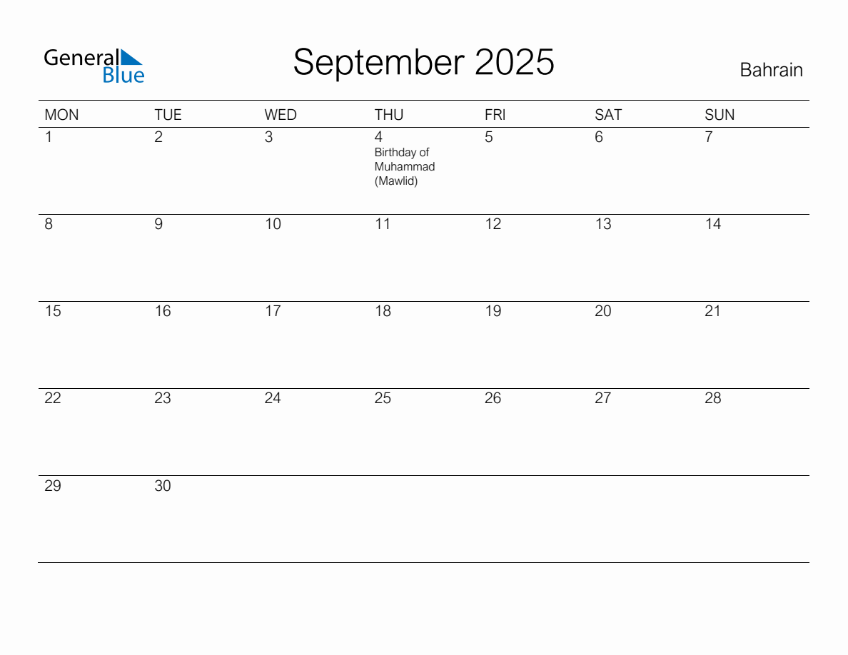 Printable September 2025 Monthly Calendar with Holidays for Bahrain