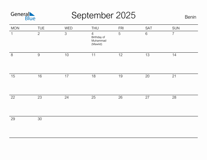 Printable September 2025 Calendar for Benin
