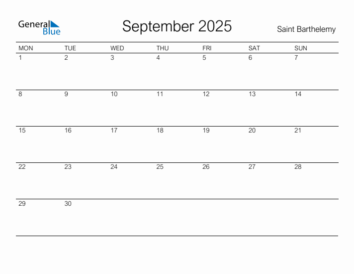Printable September 2025 Calendar for Saint Barthelemy