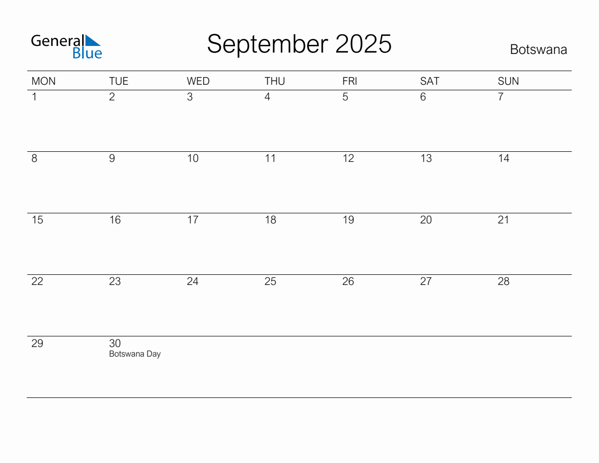 Printable September 2025 Monthly Calendar with Holidays for Botswana