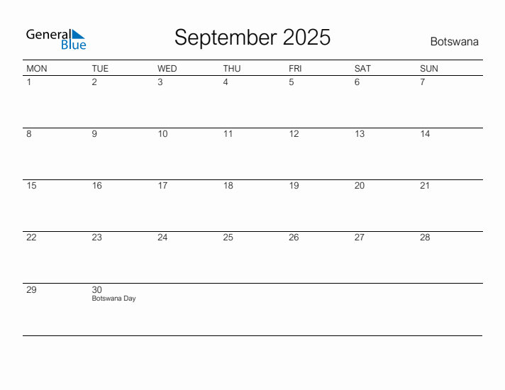Printable September 2025 Calendar for Botswana