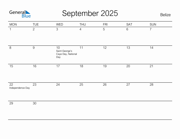 Printable September 2025 Calendar for Belize
