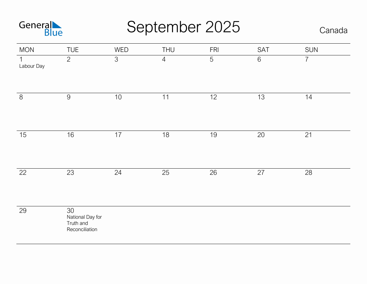 Printable September 2025 Monthly Calendar with Holidays for Canada