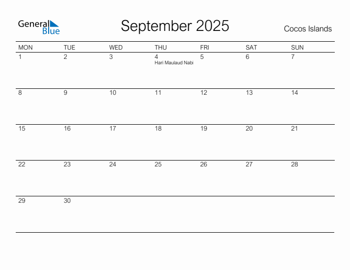 Printable September 2025 Calendar for Cocos Islands