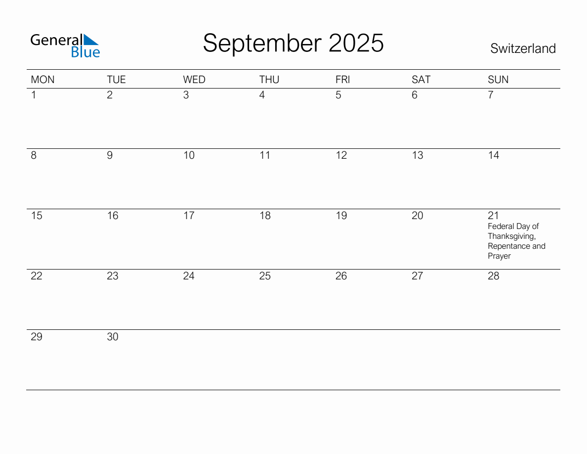 Printable September 2025 Monthly Calendar with Holidays for Switzerland