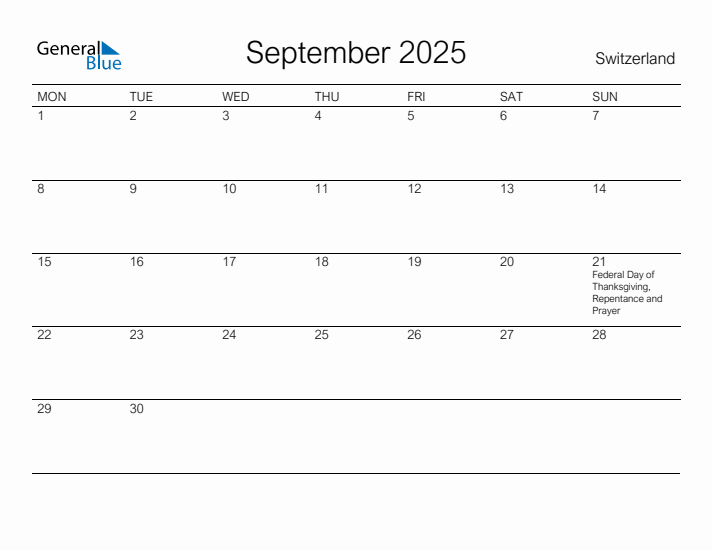 Printable September 2025 Calendar for Switzerland