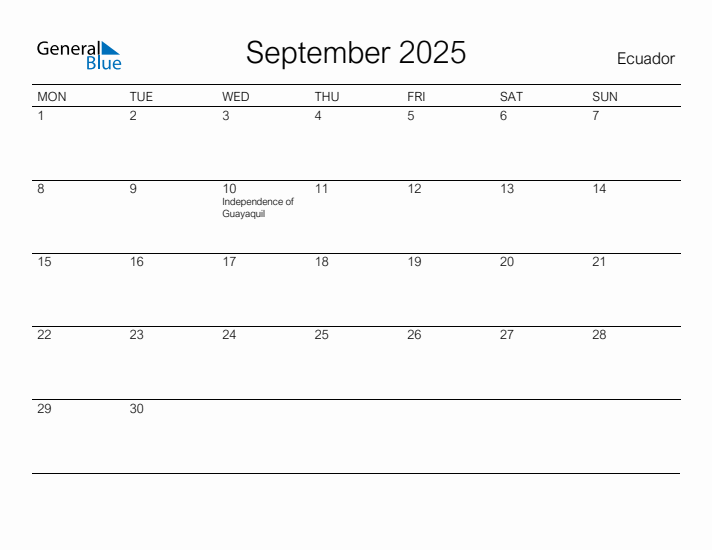 Printable September 2025 Calendar for Ecuador
