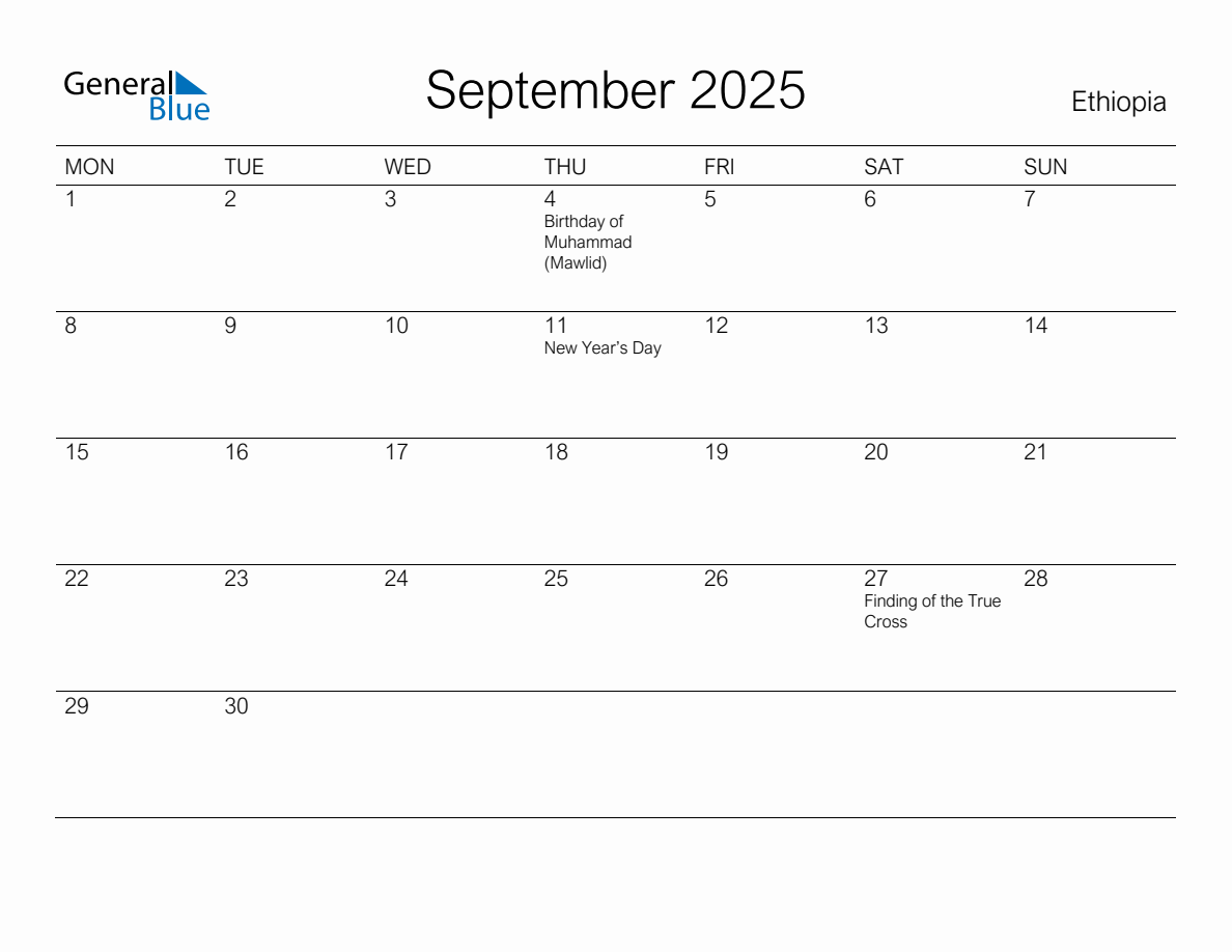 Printable September 2025 Monthly Calendar with Holidays for Ethiopia