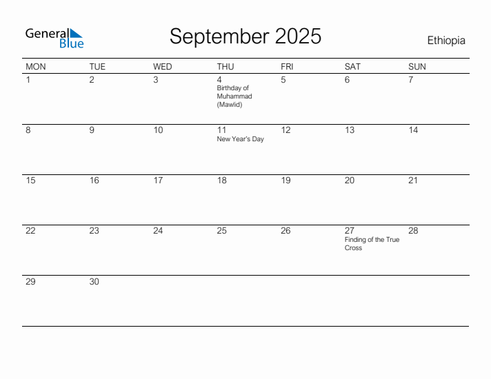 Printable September 2025 Calendar for Ethiopia
