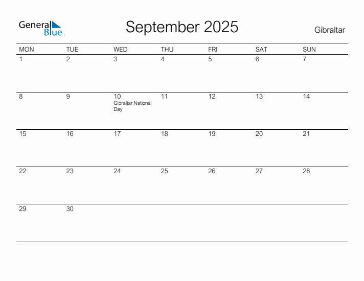 Printable September 2025 Calendar for Gibraltar