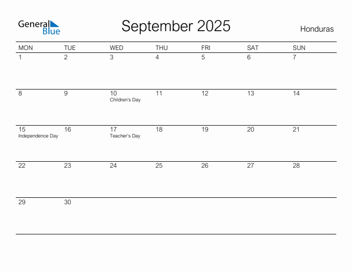 Printable September 2025 Calendar for Honduras