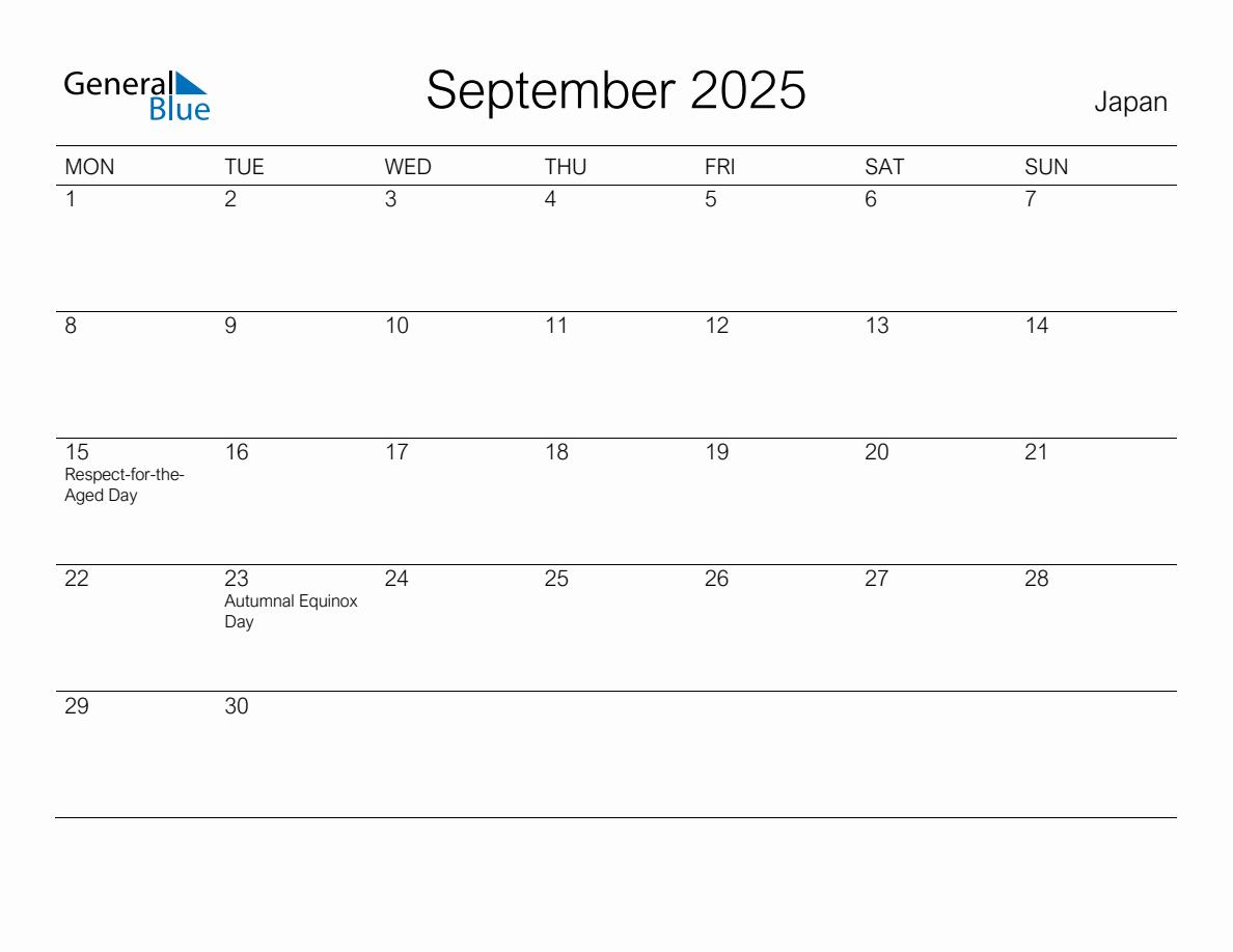 Printable September 2025 Monthly Calendar with Holidays for Japan