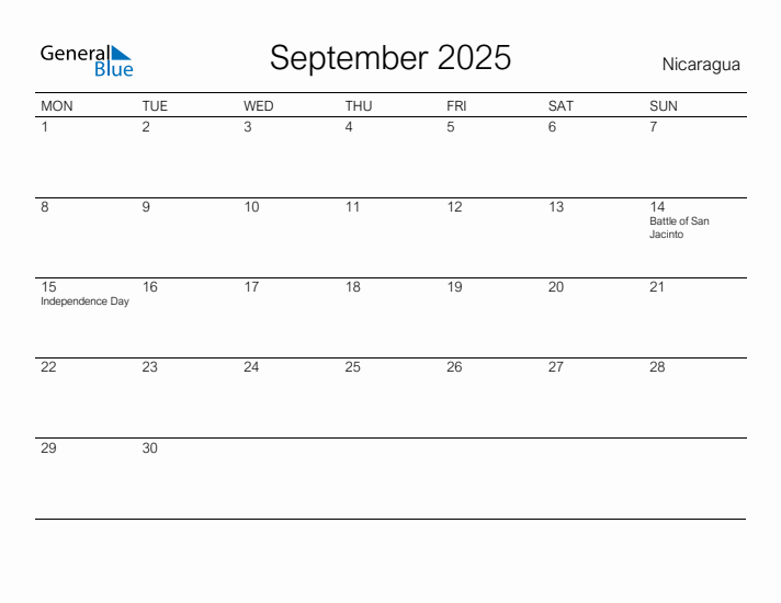 Printable September 2025 Calendar for Nicaragua