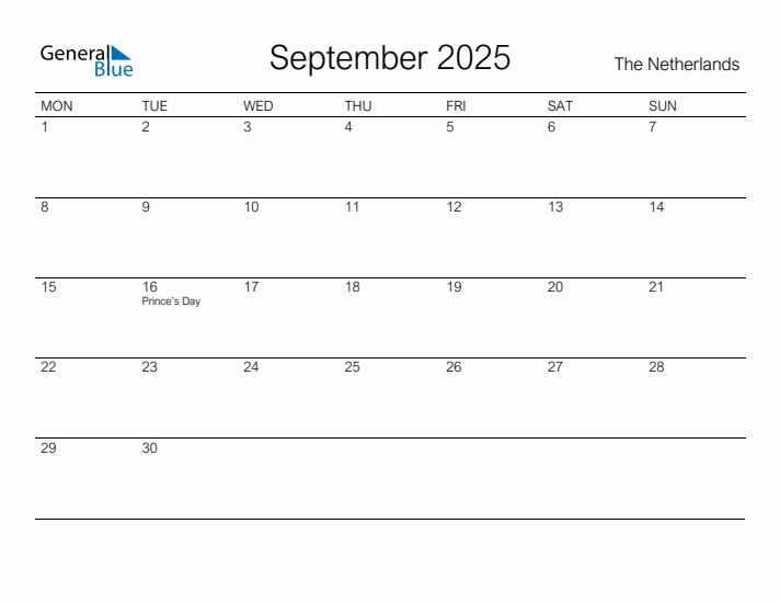 Printable September 2025 Calendar for The Netherlands