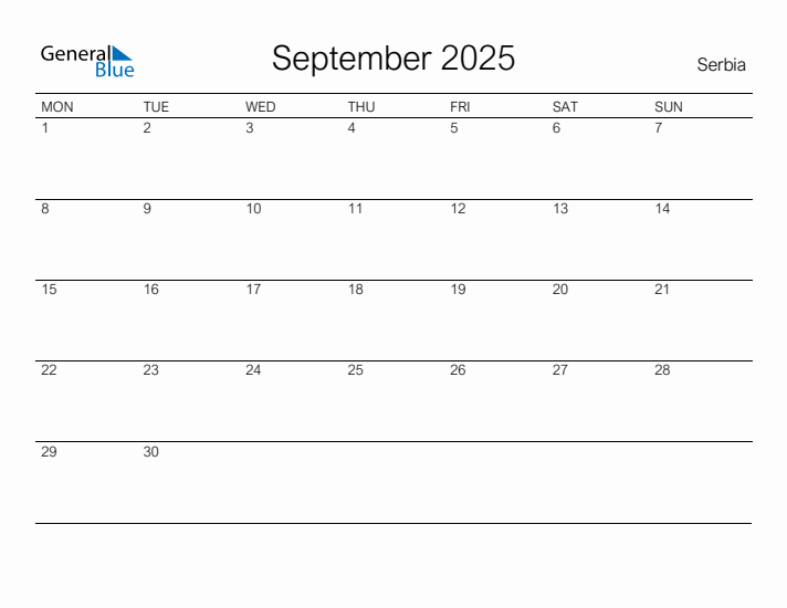 Printable September 2025 Calendar for Serbia