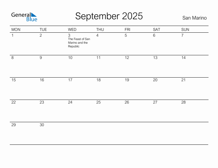 Printable September 2025 Monthly Calendar with Holidays for San Marino