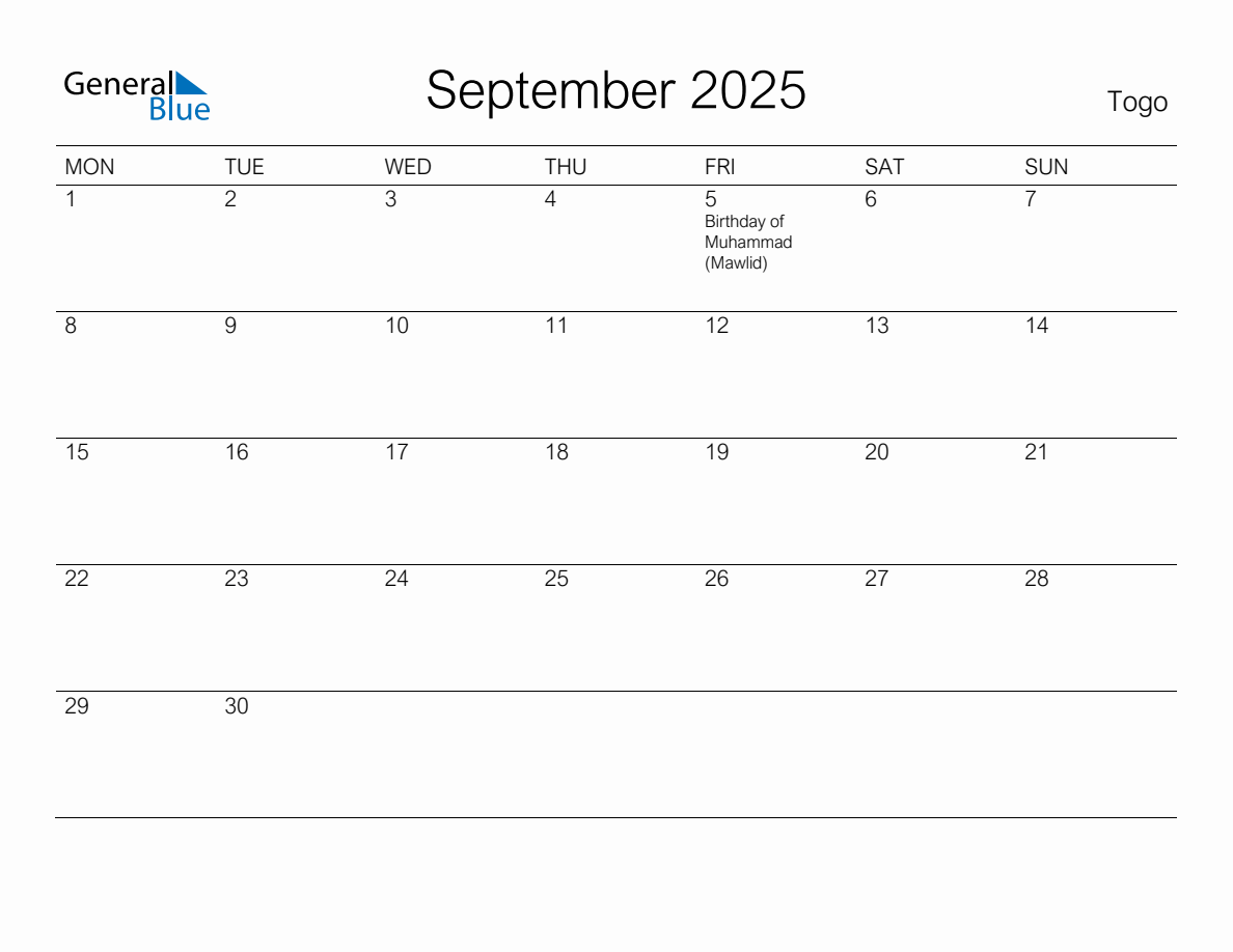 Printable September 2025 Monthly Calendar with Holidays for Togo