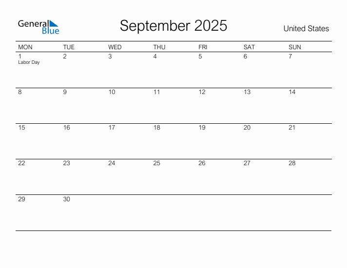 Printable September 2025 Calendar for United States