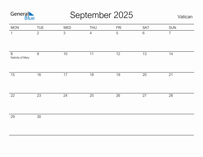 Printable September 2025 Calendar for Vatican