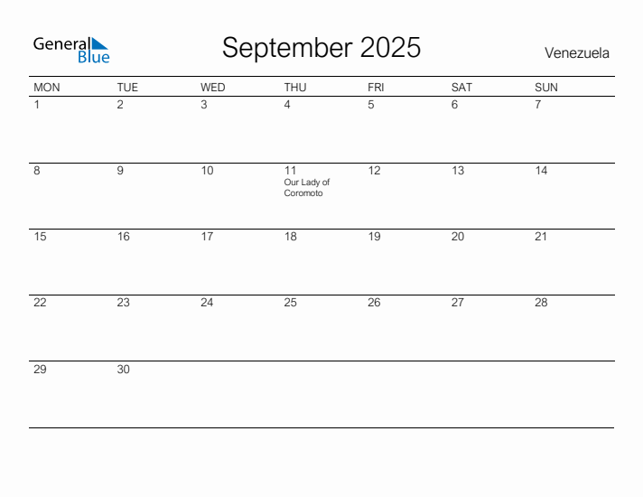 Printable September 2025 Calendar for Venezuela