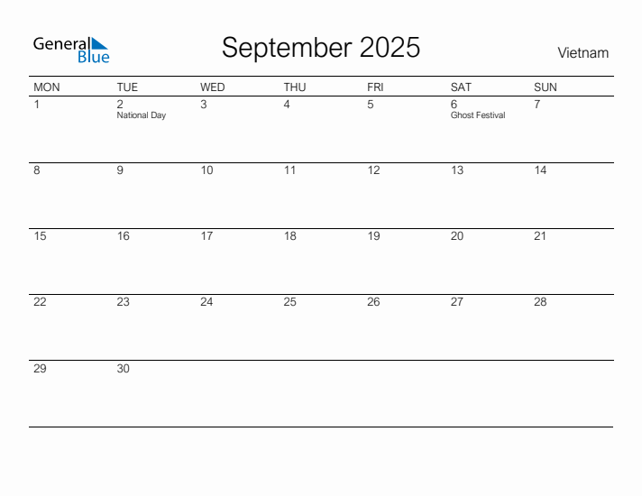 Printable September 2025 Calendar for Vietnam